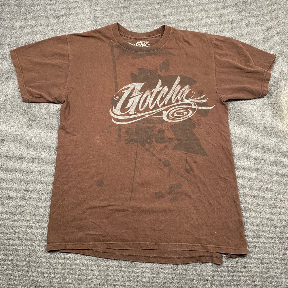 Gotcha Classic‎ Fit Graphic T Shirt Brown Men's Size Large Distressed Ripped